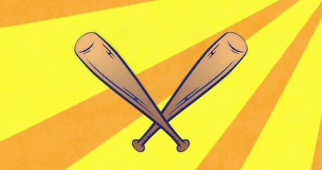 Featuring two crossed wooden baseball bats standing out against graphic art, with orange rays