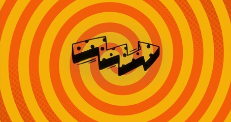 Drawing focus stylized black zigzag arrow hovering over digital graphic design, with warm hue rings