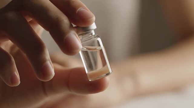 Close up of a person's hand delicately swirling a tiny glass bottle filled with a transparent liquid and sediment at the base, blending the contents together