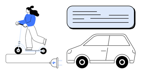 Woman on electric scooter beside charging plug, compact car, and abstract text box. Ideal for sustainability, transportation, eco-tech, mobility, energy efficiency, green commute simple flat