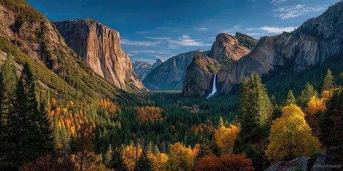 Obraz premium A wide panoramic view of a mountain valley filled with dense forest
