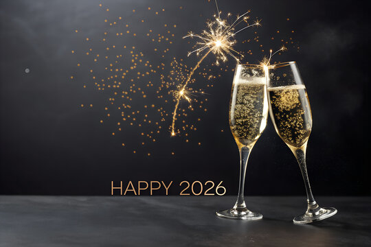 Two champagne flutes clinking under golden sparkler with “HAPPY 2026” text—refined celebration scene evoking festivity, warmth, and New Year anticipation. generative ai