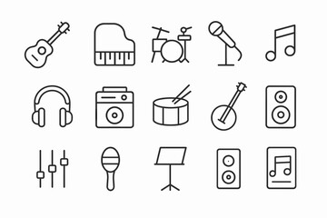 Minimalist music icon set featuring instruments and equipment for creative design