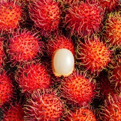 Close-up of Rambutan Fruit with One Peeled Showing White Flesh.