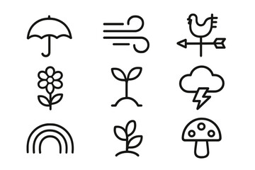 Obraz premium Minimalist weather and nature icons umbrella, wind, flower, lightning, rainbow, mushroom