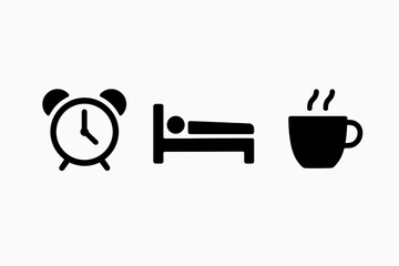 Naklejka premium Morning routine icons featuring alarm clock, sleeping person, and steaming coffee mug