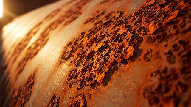 Close up shot of a weathered iron pipe with a rusty texture. The aged metal surface displays significant corrosion and decay, showcasing flaky patches of orange rust