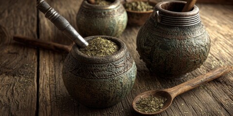 Close-Up of Mate Herb with Utensils and Traditional Teapot on Wooden Table