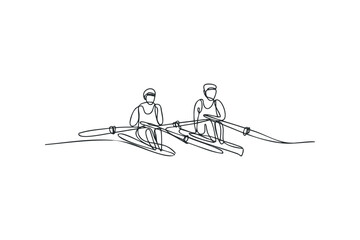 Two people rowing boat with oars on water
