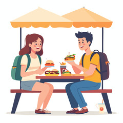 A young couple enjoys burgers and fries at an outdoor picnic table under umbrellas. They are smiling and have backpacks.