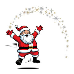 Santa claus jumping with joy and stars above him on a white background for christmas celebration