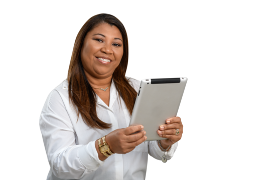 Smiling woman holding a digital tablet.