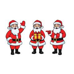 Three cartoon santa claus characters in different poses on a white background illustration image