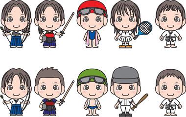 Cute cartoon athletes posing with sports equipment
