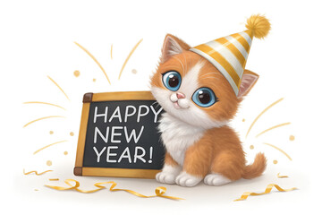 Orange-white kitten in striped party hat holding “HAPPY NEW YEAR!” chalkboard—festive, playful scene radiating charm, celebration, and seasonal joy. generative ai