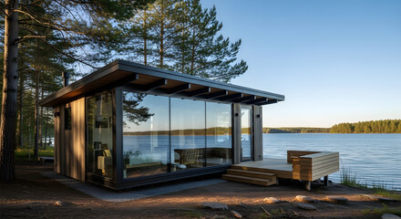 Modern Glass Cabin on Lake Shore | Serene Scandinavian Style Retreat for Vacation Rental and Sustainable Living Design