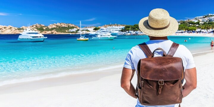 Traveler wearing a hat and a brown leather backpack views the beach and multiple yachts on the Spaggia del Principe during a sunny day in Sardinia, Italy
