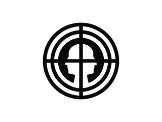 Target symbol with two opposing human profiles facing inward crosshairs scope