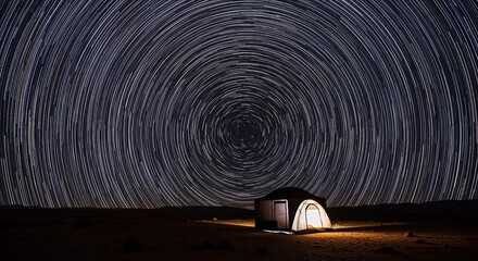 Luminous tent under swirling star trails in desert night