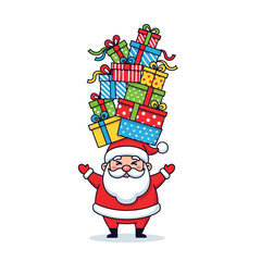 Cartoon santa claus balancing a tall stack of colorful christmas presents on his head with arms raised