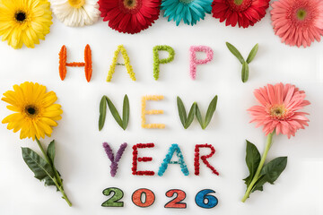 “HAPPY NEW YEAR 2026” spelled in colorful petal-like textures surrounded by gerbera daisies—bright, joyful flatlay celebrating renewal, nature, and festivity. generative ai