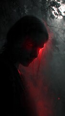 Mysterious Figure with Burning Red Eyes in Foggy Moonlight