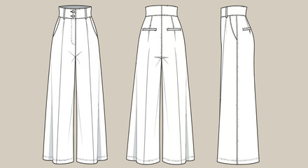 Technical flat fashion sketch of high-waisted wide-leg trousers vector illustration © fatkul