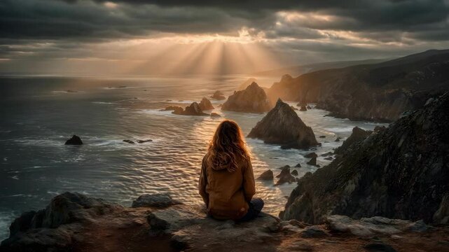 A lone person sits on a cliff edge, watching sunbeams break through clouds onto a rugged coastline and the sea.