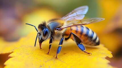 A detailed close-up shows a honeybee on a vibrant yellow leaf. The bee has blue and orange stripes, with translucent wings and colorful legs