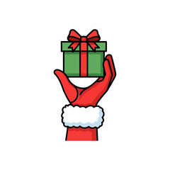 A cartoon hand in a red santa glove holding a green gift box with a red bow on a white background