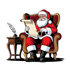 Santa claus seated in a red and gold chair reading a scroll with a quill and inkwell on a table nearby