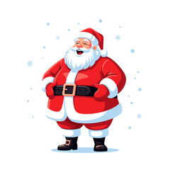 Obraz premium A cartoon illustration of santa claus standing and laughing with snowflakes on a white background