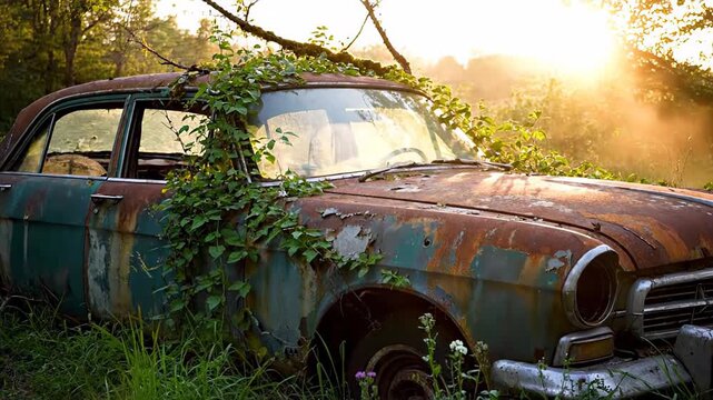 Abandoned vintage car rusting in a lush field, entwined with ivy and overgrown plants as warm sunset light filters through trees, evoking gentle decay and nostalgia