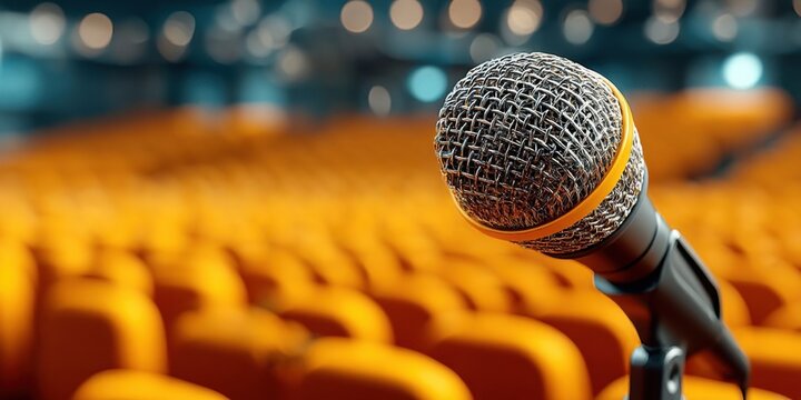 Empty Conference Hall with Microphone and Orange Seats Ready for Business Presentation