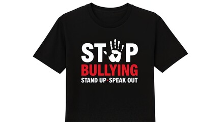 Black t-shirt with a 'Stop Bullying, Stand Up Speak Out' message printed in white and red.