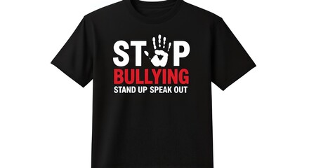 Black T-shirt with the message "STOP BULLYING STAND UP SPEAK OUT" in white and red text, with a hand symbol.