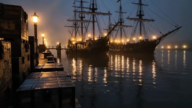 The images show tall ships, tea chests, and colonists at night, with misty, moody lighting, and one scene includes fireworks for an anniversary.
