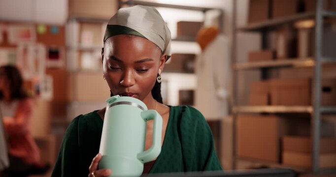 Laptop, entrepreneur and woman drinking water from cup in warehouse, ecommerce or liquid to refresh. Online shop, check sale order or person gulp from metal flask for hydration, tech or quench thirst
