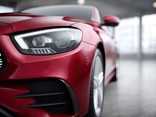 Elegant Crimson Sedan Reflecting Light in a Spacious Modern Garage with Large Windows Showcasing Bright Outdoor Scenery