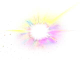 Radiant Multicolored Light Burst with White Core and Vibrant Rays of Yellow, Pink, Purple, and Blue with Sparkling Particles for Magical Abstract Design