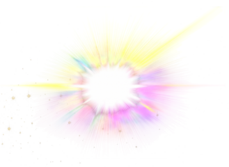 Radiant Multicolored Light Burst with White Core and Vibrant Rays of Yellow, Pink, Purple, and Blue with Sparkling Particles for Magical Abstract Design