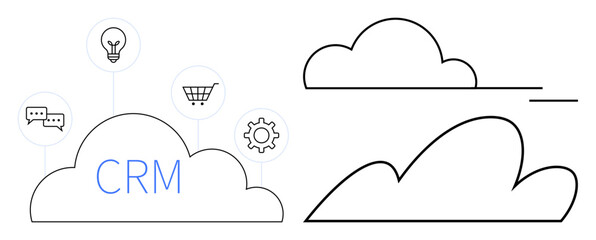 CRM in cloud with icons thumbs up chat, light bulb, shopping cart, gear, and outlined clouds. Ideal for technology, business, communication innovation e-commerce automation cloud storage. Simple