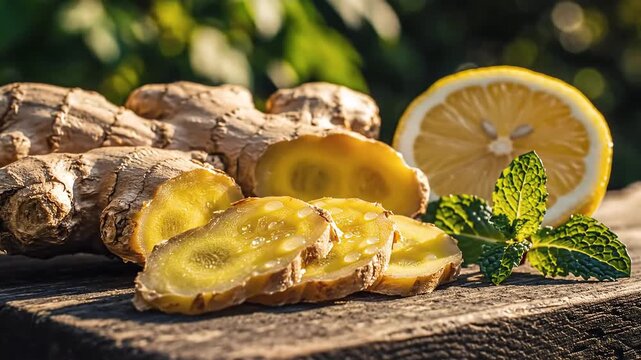 Fresh Ginger Root and Lemon Slices on Rustic Wooden Table Outdoors.