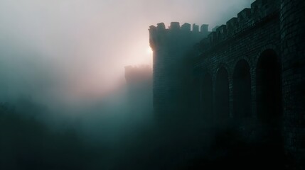 A medieval castle wall with turrets and arches is shrouded in thick fog during sunrise casting an atmospheric glow