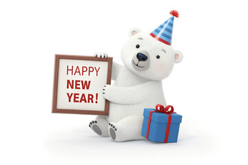 Cartoon polar bear in striped party hat holding “HAPPY NEW YEAR!” sign with gift box—festive, playful scene radiating charm, celebration, and seasonal joy. generative ai