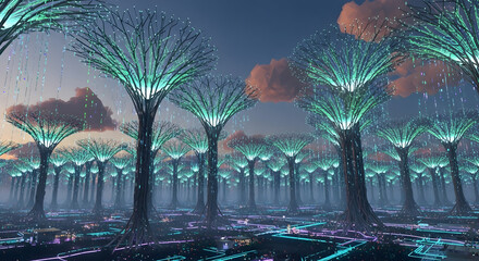 Futuristic Luminous Tree Grove at Night | Fantasy Forest with Glowing Plants and Neon Pathways for Science Fiction Backgrounds and Technology Concepts