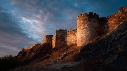 Ancient stone fortress with turrets and battlements on a rocky hillside under a dramatic evening sky