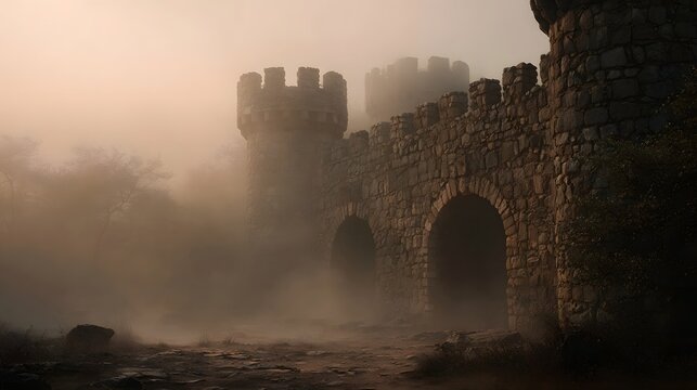 Misty morning view of an ancient stone castle with turrets and arched gateways