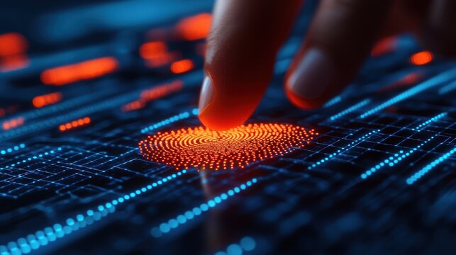 A finger touches a glowing orange fingerprint symbol on a surface with blue circuit patterns. It suggests technology, security, access control, and biometric identification - Powered by Adobe