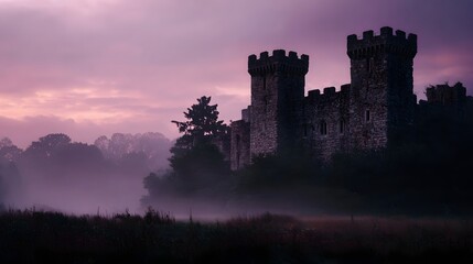 Ethereal stone castle with turrets and battlements at twilight under a hazy purple sky